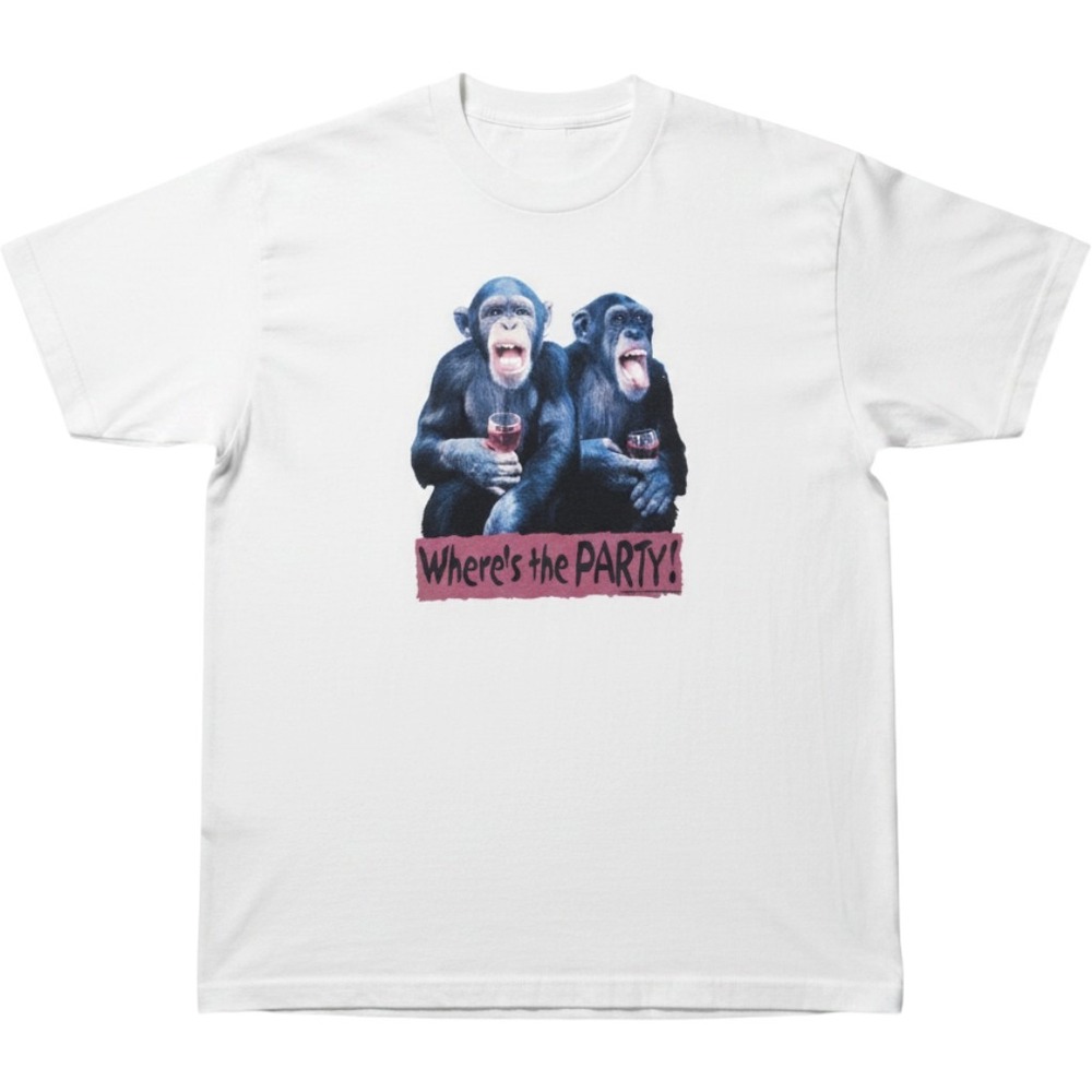 Mens White Graphic T-Shirt Chimpanzee Party  Large